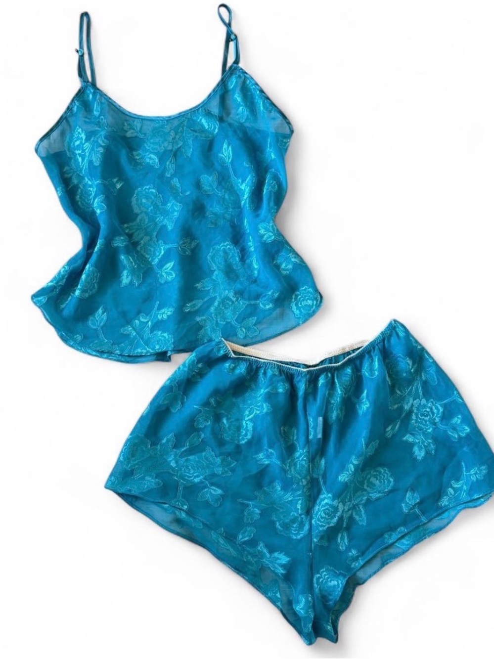 delicates Teal Floral Satin Cami & Shorts Pajama Set